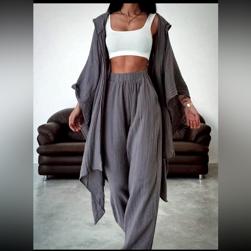 SHEIN Gray Hooded Cardigan and Pants Set